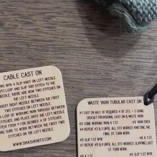 Mini Tool Wooden Knitting Reference Card - Cable Cast On /Waste Yarn Tubular CO Instructions