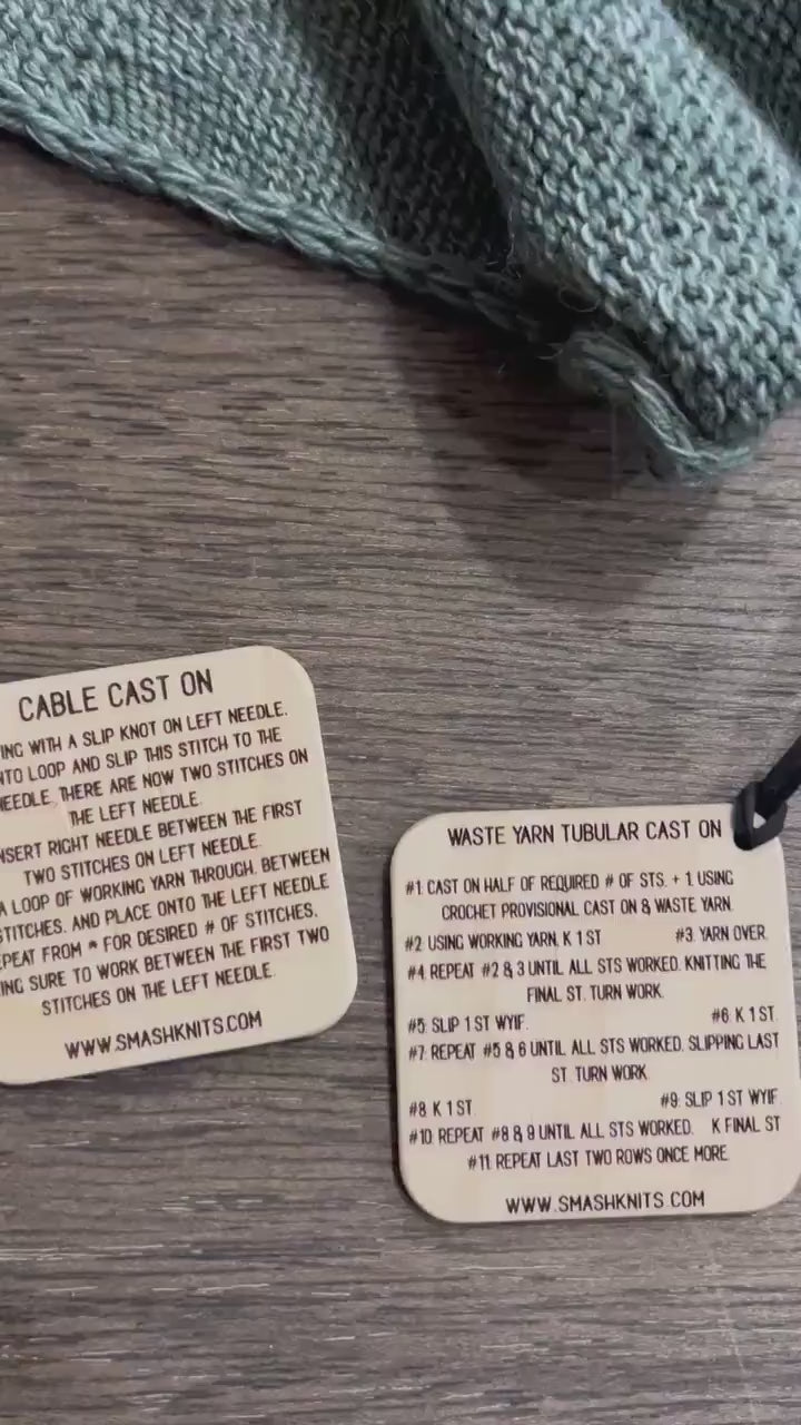 Mini Tool Wooden Knitting Reference Card - Cable Cast On /Waste Yarn Tubular CO Instructions